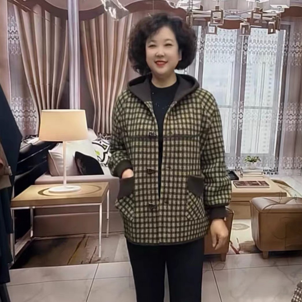 中年妈妈秋装格子毛呢连