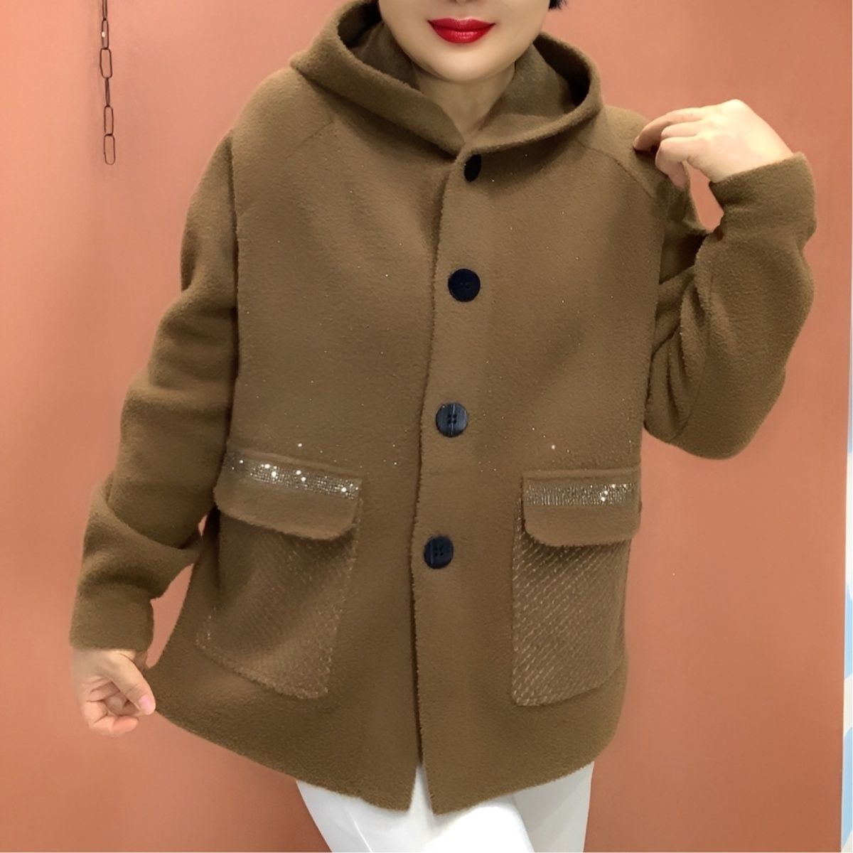 中老年连帽水貂绒外套女