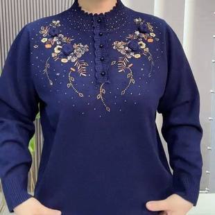 新品爆款烫钻立体刺绣花边领针织衫遮肉显瘦毛衣年轻气质妈妈装