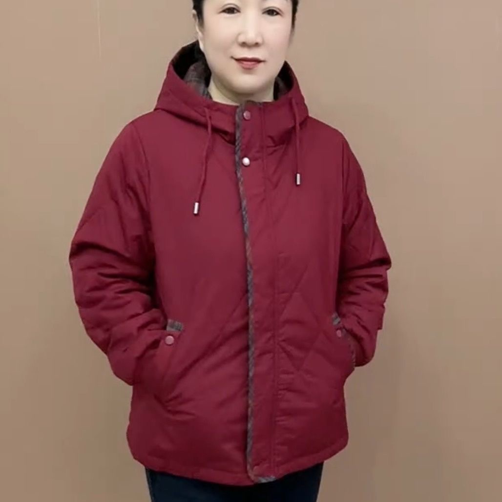 大码女装菱格纹棉服连帽