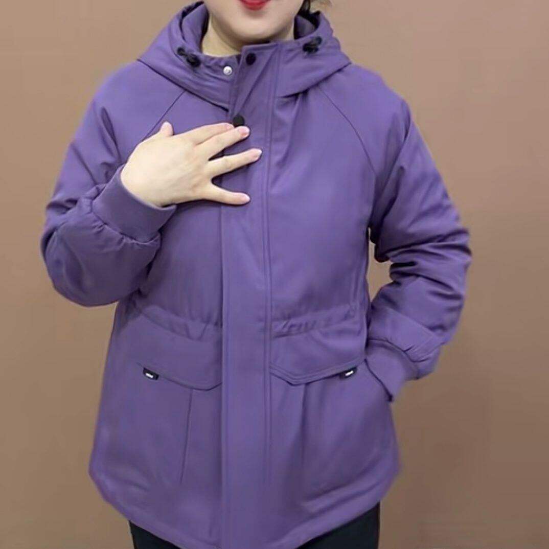 春秋季加大码二棉服女装连帽抽绳收腰中长款冲锋衣夹棉派克服外套