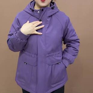 春秋季加大码二棉服女装连帽抽绳收腰中长款冲锋衣夹棉派克服外套