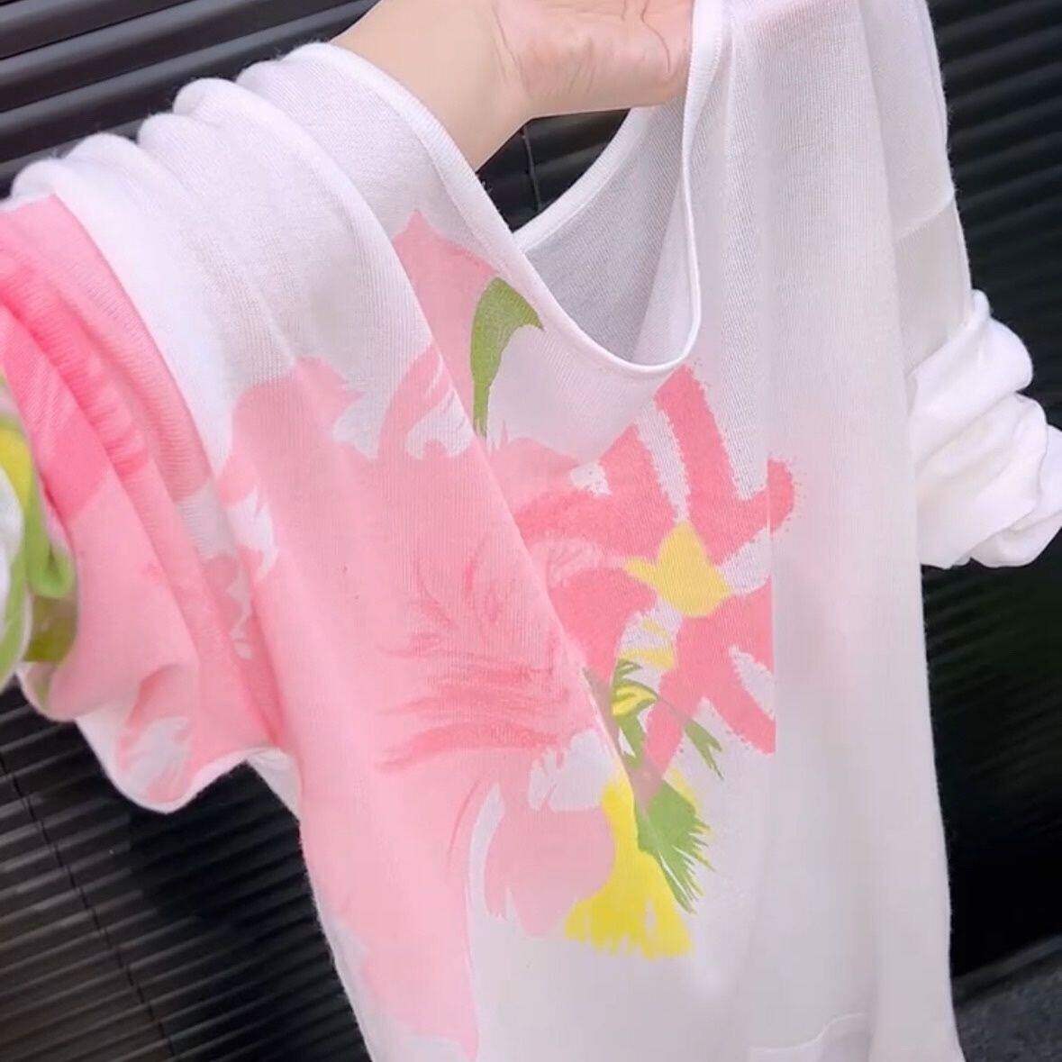 粉色花朵圆领防晒长袖t恤女夏薄款透气罩衫宽松显瘦别致外穿上衣