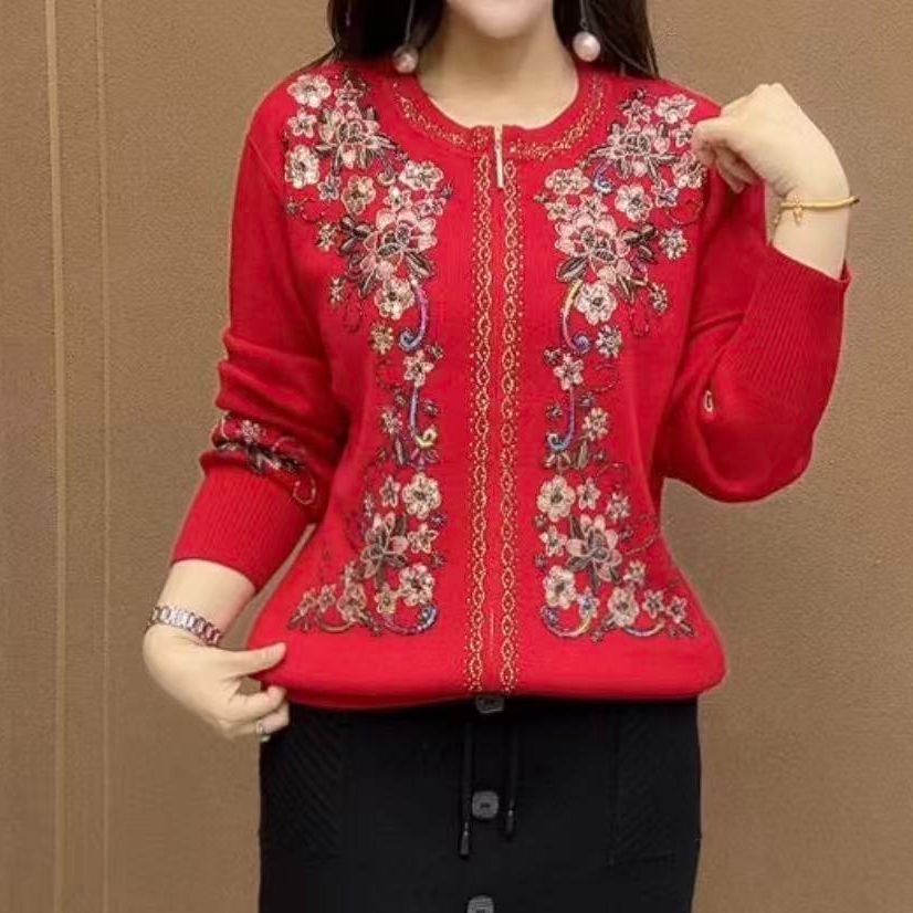 秋冬针织开衫妈妈毛衣刺