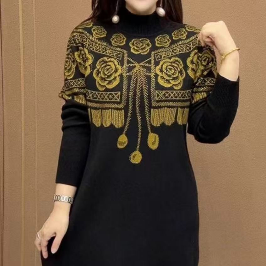 2025新款洋气半高领刺绣毛衣女中老年妈妈装显瘦针织衫