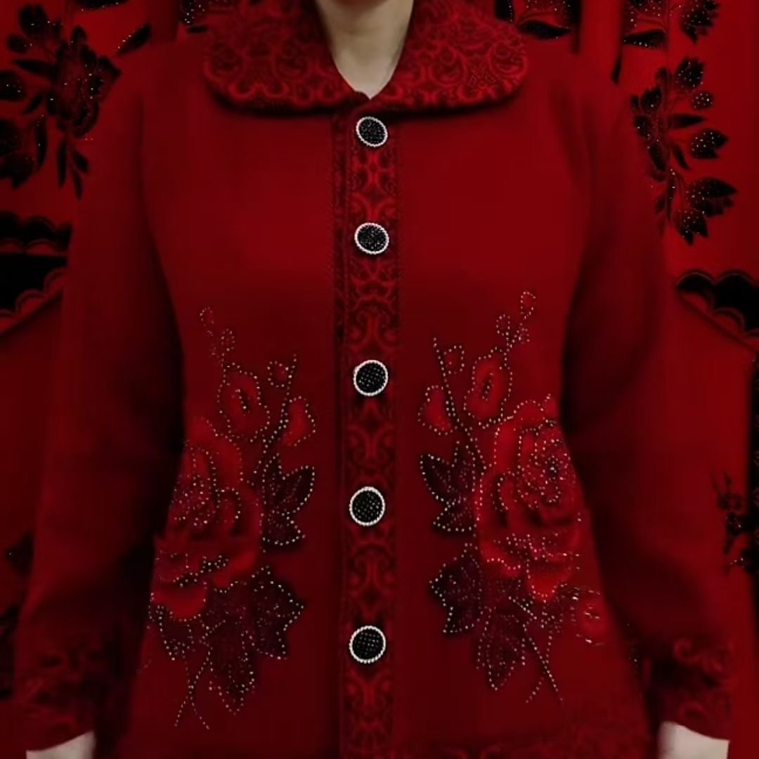 红色刺绣花卉外套女翻领开衫妈妈装高档气质外套