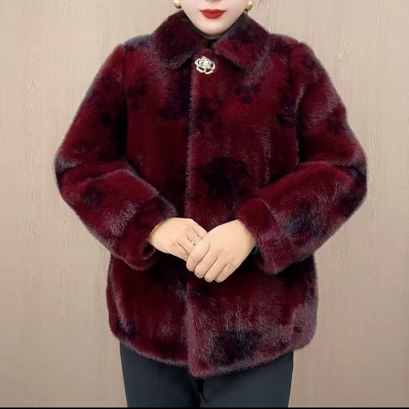 高贵气质皮草外套女秋冬洋气酒红色皮毛一体大衣中年妈妈装