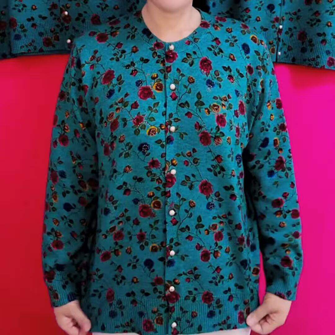 新款妈妈开衫春秋宽松圆领针织外套时尚毛衣印花洋气中老年上衣