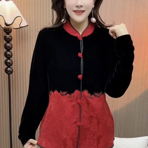 新中式风立领丝绒拼接外