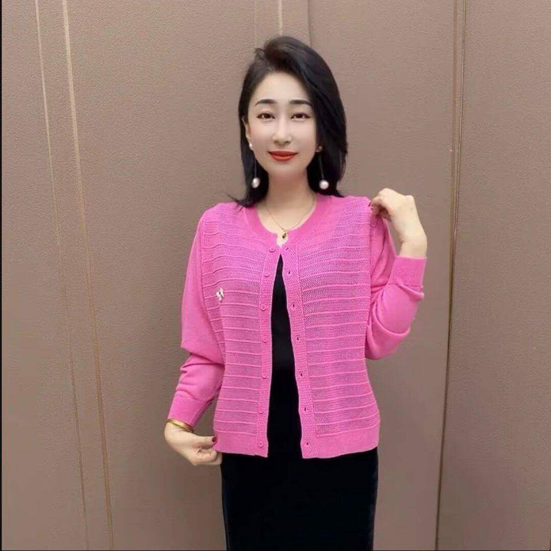 冰麻针织衫圆领宽松毛衣妈妈外套时尚新款针织开衫长袖上衣春夏款