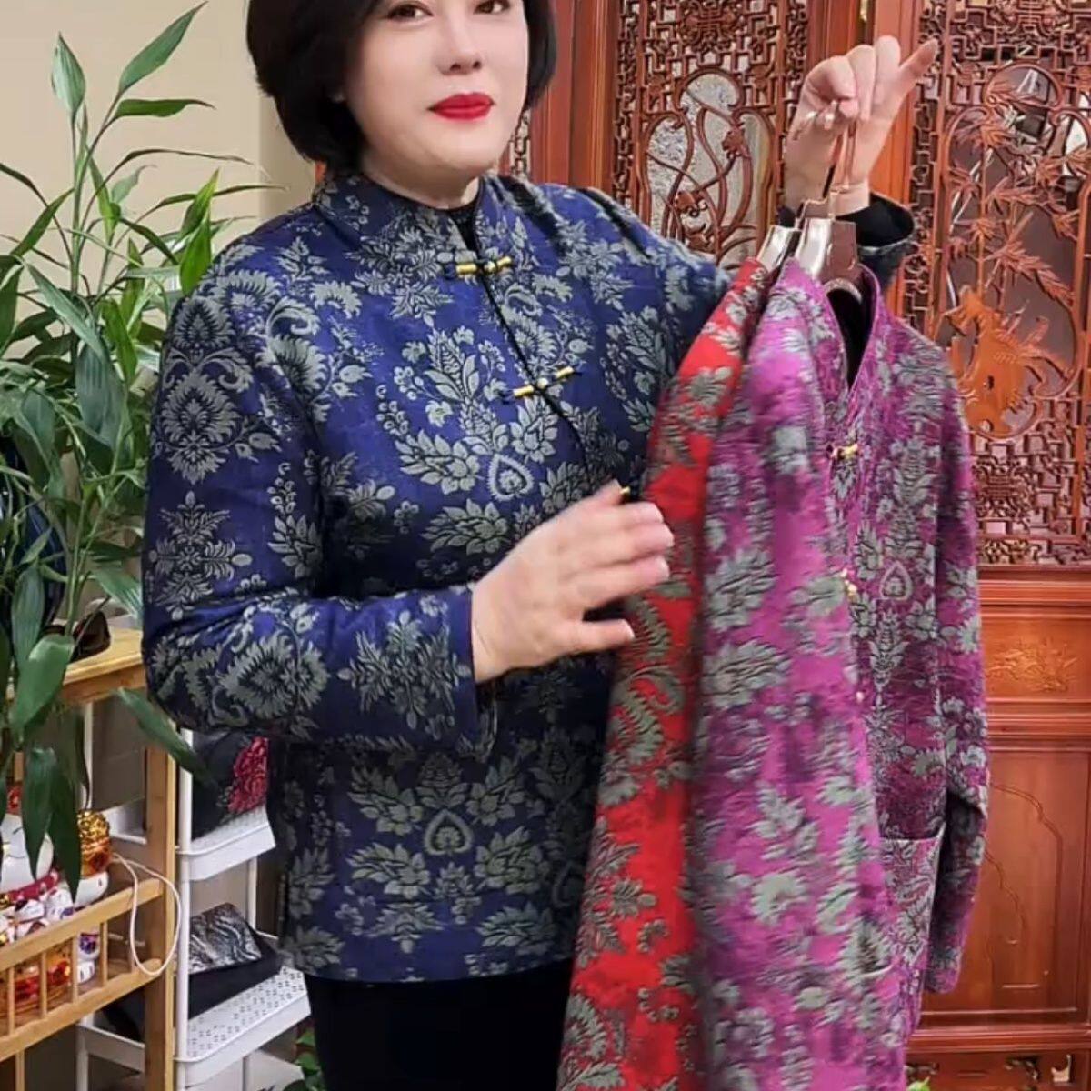 时尚中老年妈妈加厚提花加绒保暖上衣本命年红色改良旗袍开衫外套