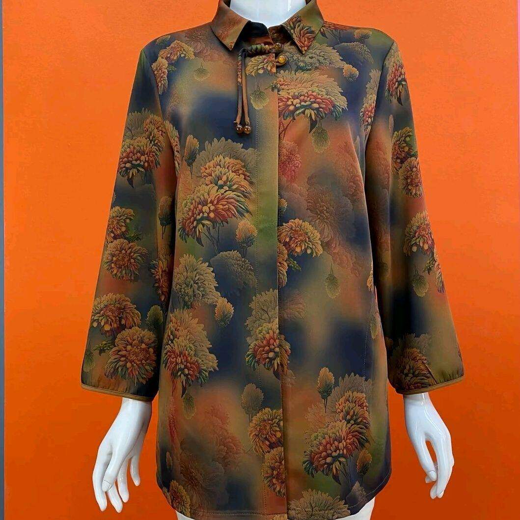 女士衬衫中老年新款妈妈长袖上衣夏季宽松洋气开衫时尚中长款衬衣