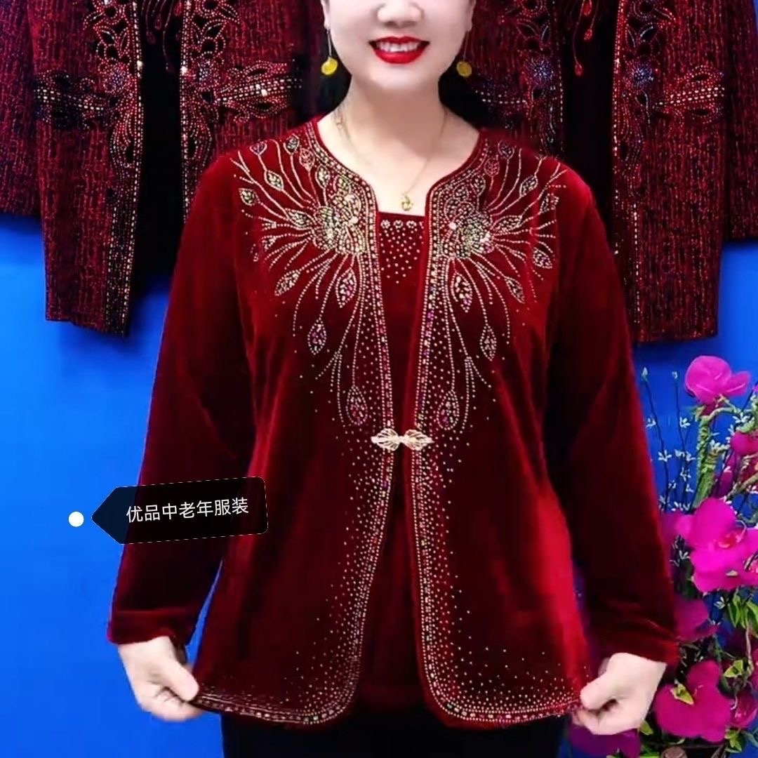 中老年妈妈装红色刺绣打底衫女假两件显瘦气质上衣大码