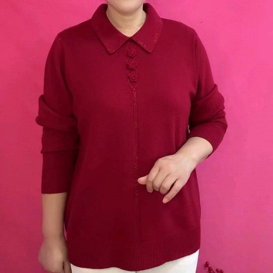 秋冬新款显瘦百搭翻领三朵纯色针织衫长袖小衫宽松遮肉时尚妈妈衫