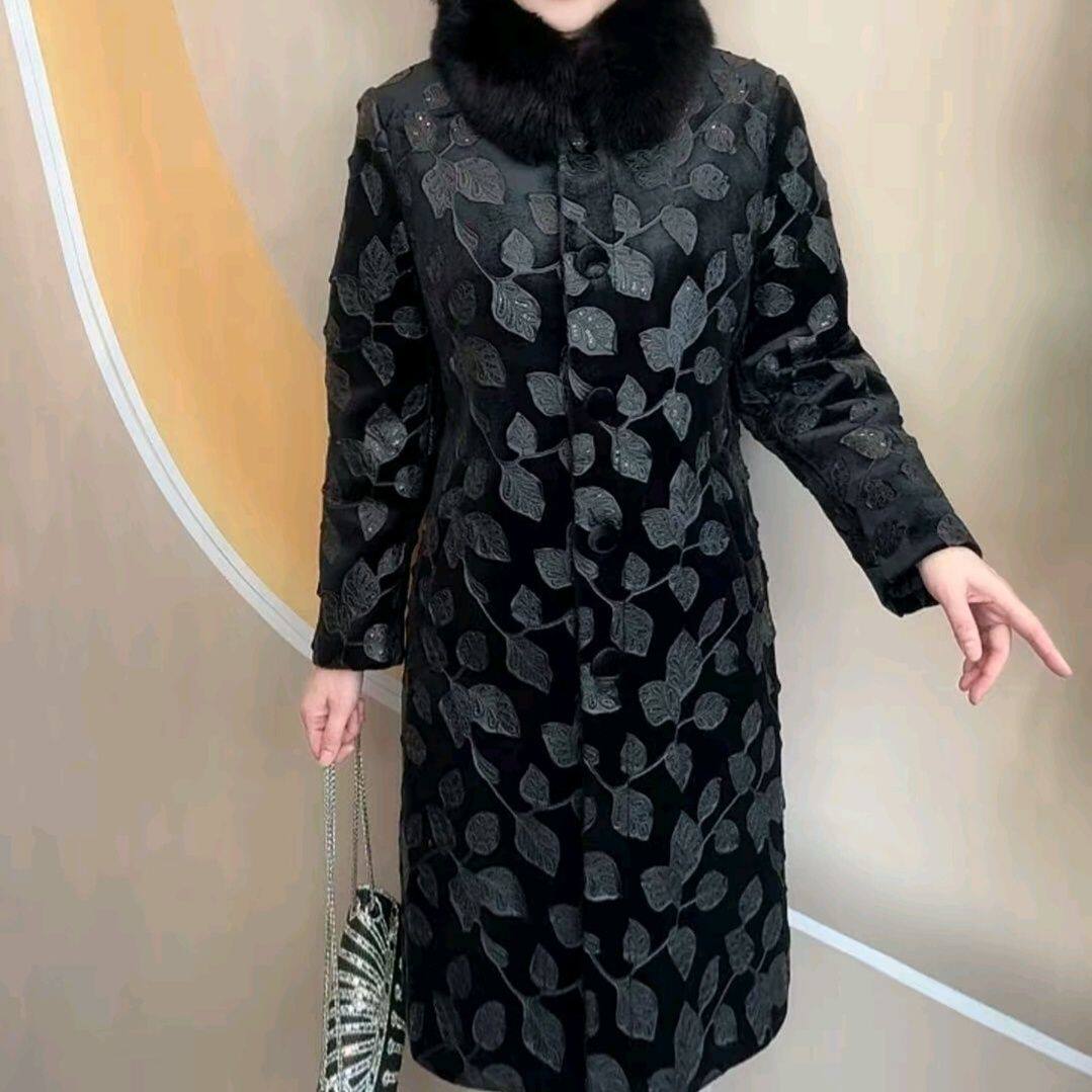 秋冬新款妈妈提花棉大衣