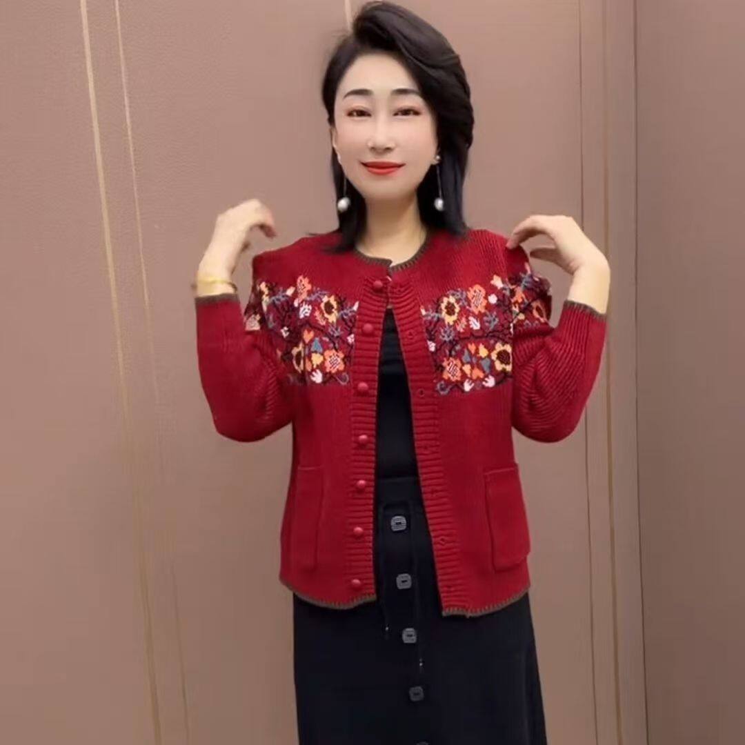 时尚中年妈妈装花色针织衫女2026年新款大码女装休闲外套女