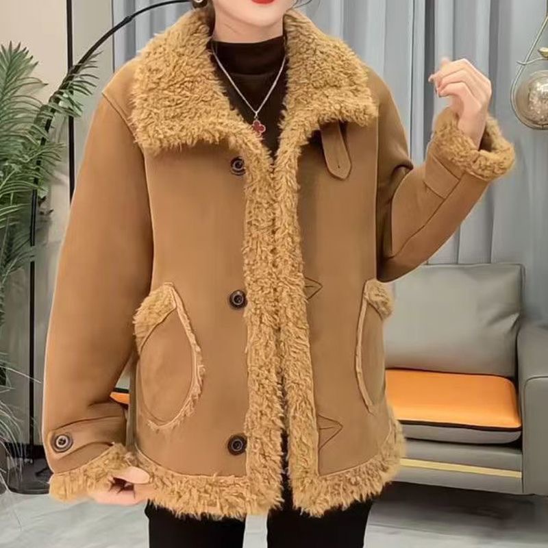 皮毛一体外套女加绒加厚