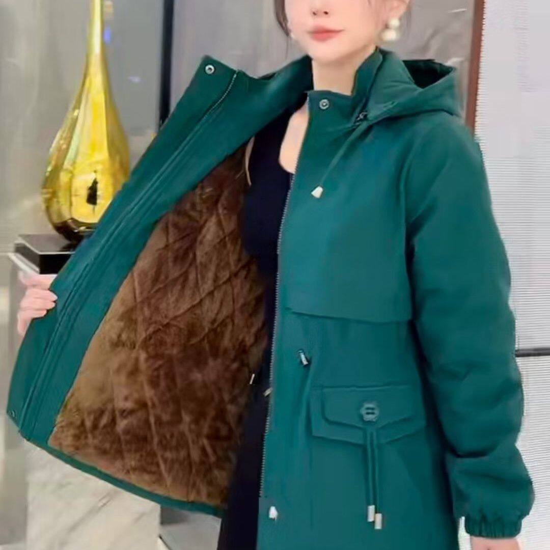 网红加厚聚暖绒棉衣中老年女派克服活帽收腰棉服秋冬款高档中长款
