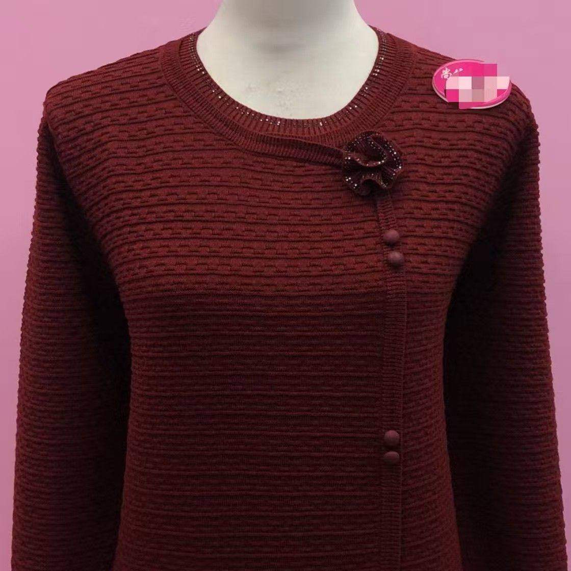 秋冬新款针织衫宽松立体毛衣贴花圆领妈妈减龄长袖显瘦上衣