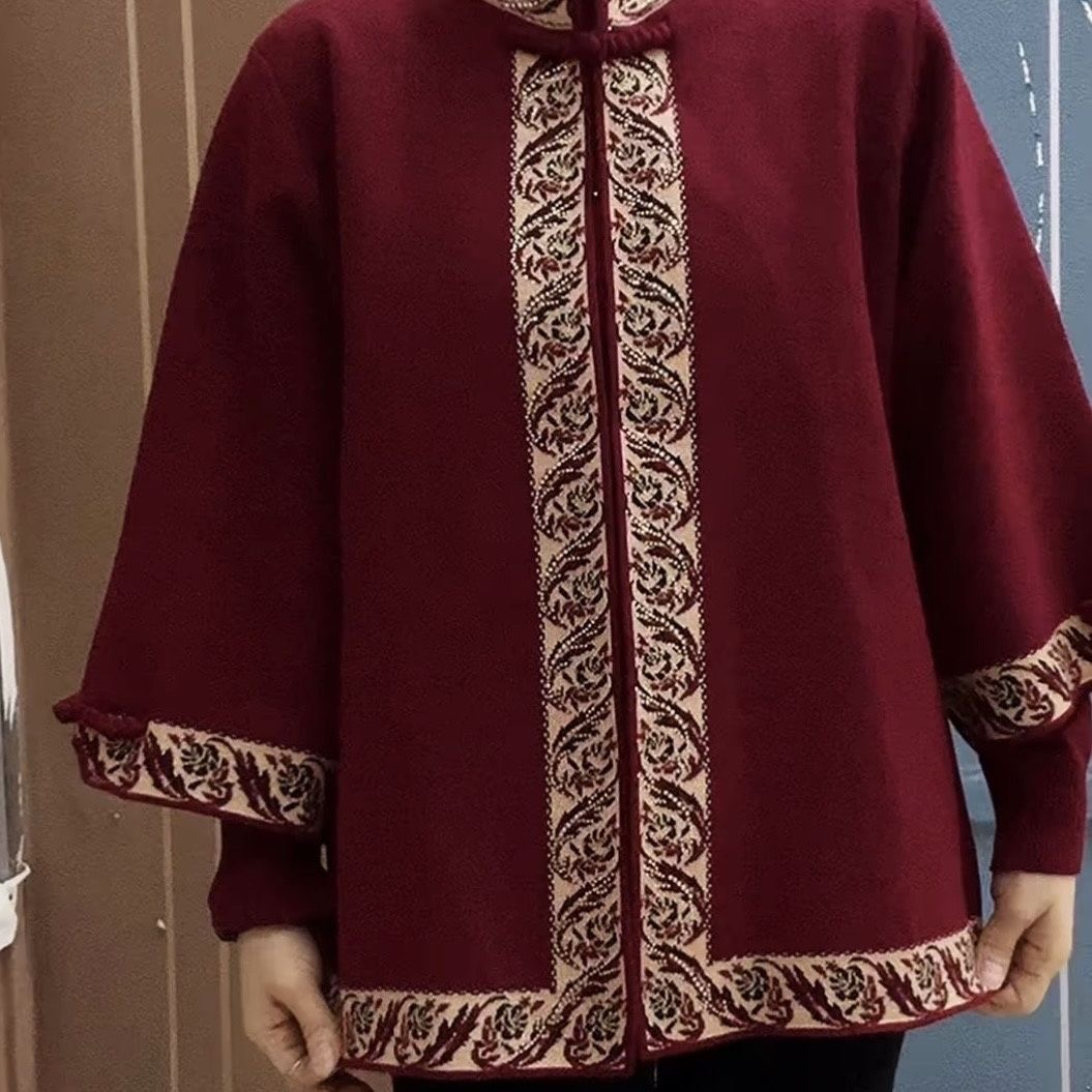 中式复古立领外套女红色刺绣盘扣开衫两件套中老年妈妈装