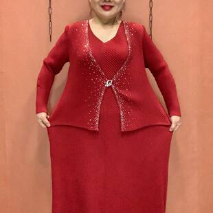 新款气质时尚女褶皱连衣裙子高档洋气弹力中老年妈妈假两件显瘦