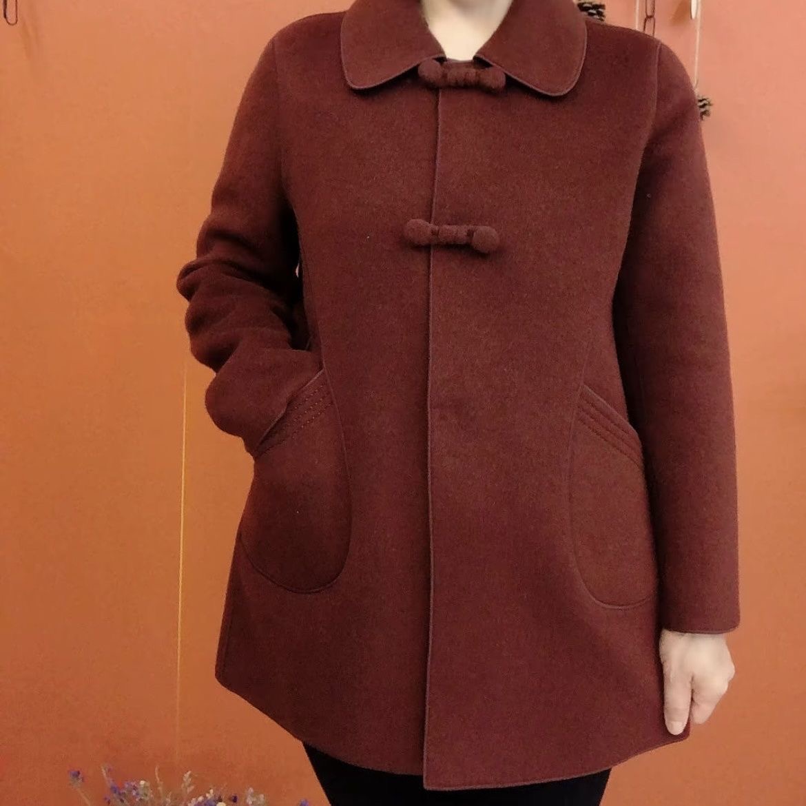 中老年妈妈装毛呢外套女秋冬翻领盘扣宽松显瘦气质大衣