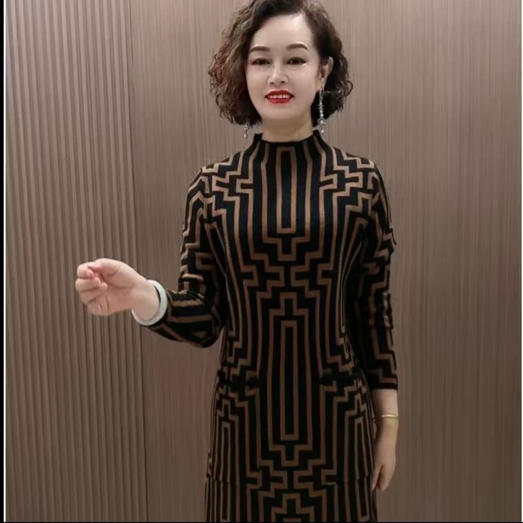 熟女风几何图案长袖连衣