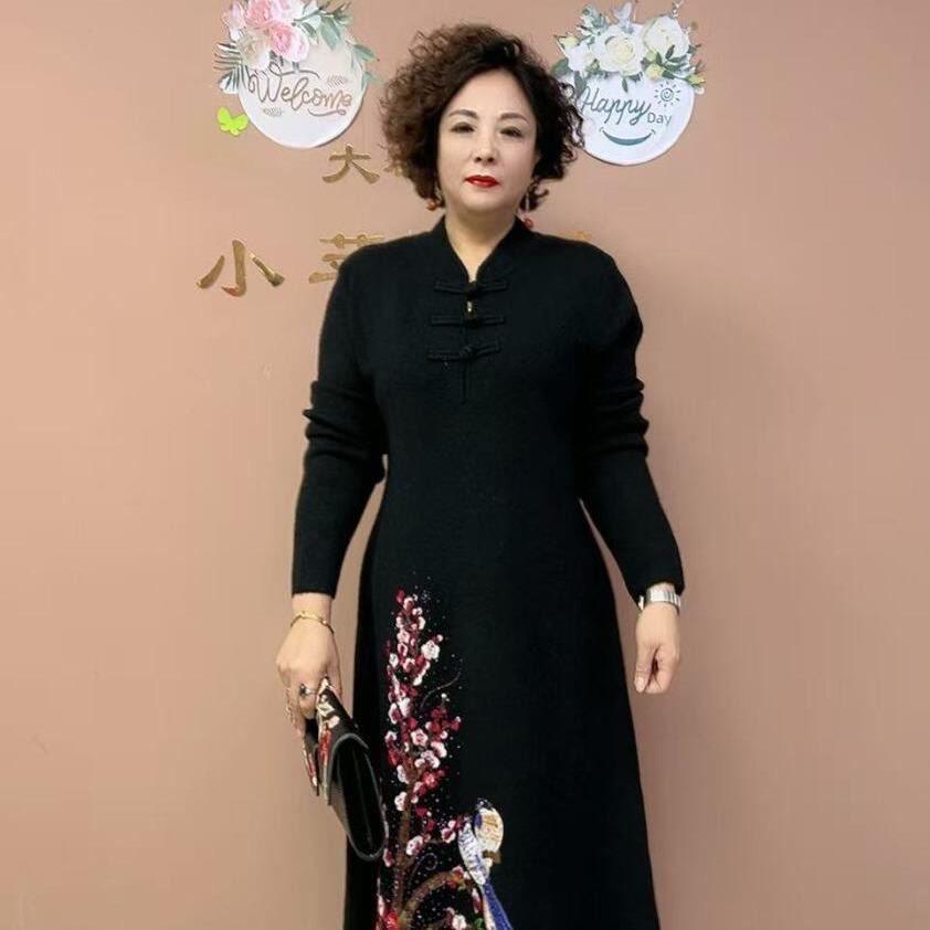 中式盘扣刺绣连衣裙女立