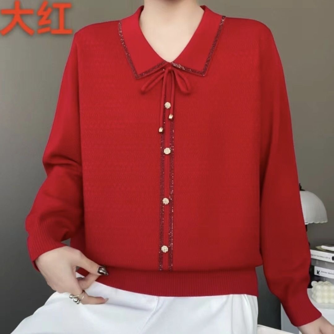 2025秋新款娃娃领针织衫女时尚百搭系带显瘦减龄上衣