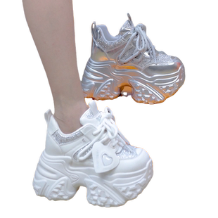 【单/棉】9cm小个子水钻厚底老爹鞋女2025秋冬百搭增高休闲运动鞋