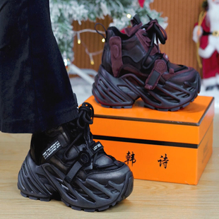 擦色复古内增高女鞋 9cm小个子厚底老爹鞋 女2025冬加绒保暖高帮鞋