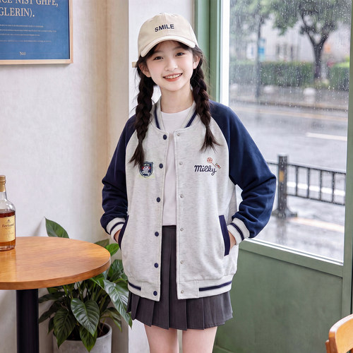 春秋女大童学院风撞色刺绣棒球服
