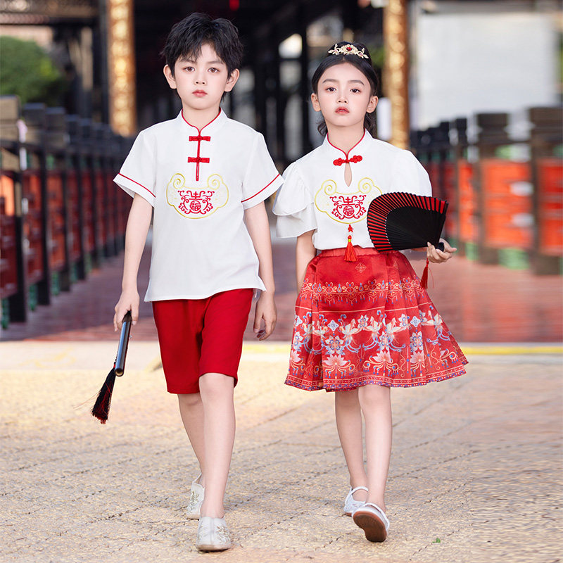 幼儿园园服夏装中国风短袖套装小学生校服中式夏季儿童毕业照班服