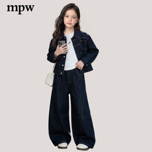 女童翻领外套牛仔弯刀裤套装秋季
