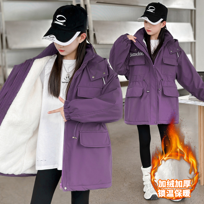 女童加绒派克服2025新款秋冬棉衣