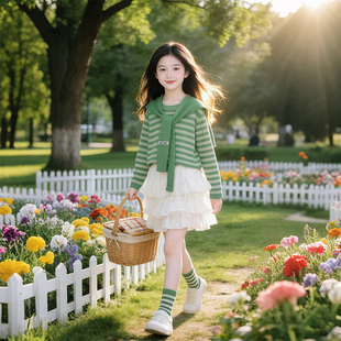 女童套装2026年新款春秋装中大童洋气韩版假俩件条纹上衣半裙套装