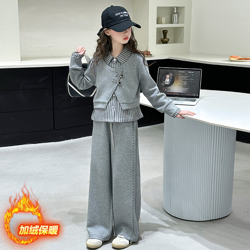 女童加绒套装秋冬2025新款时髦儿童装女孩裤子卫衣假三件套运动服