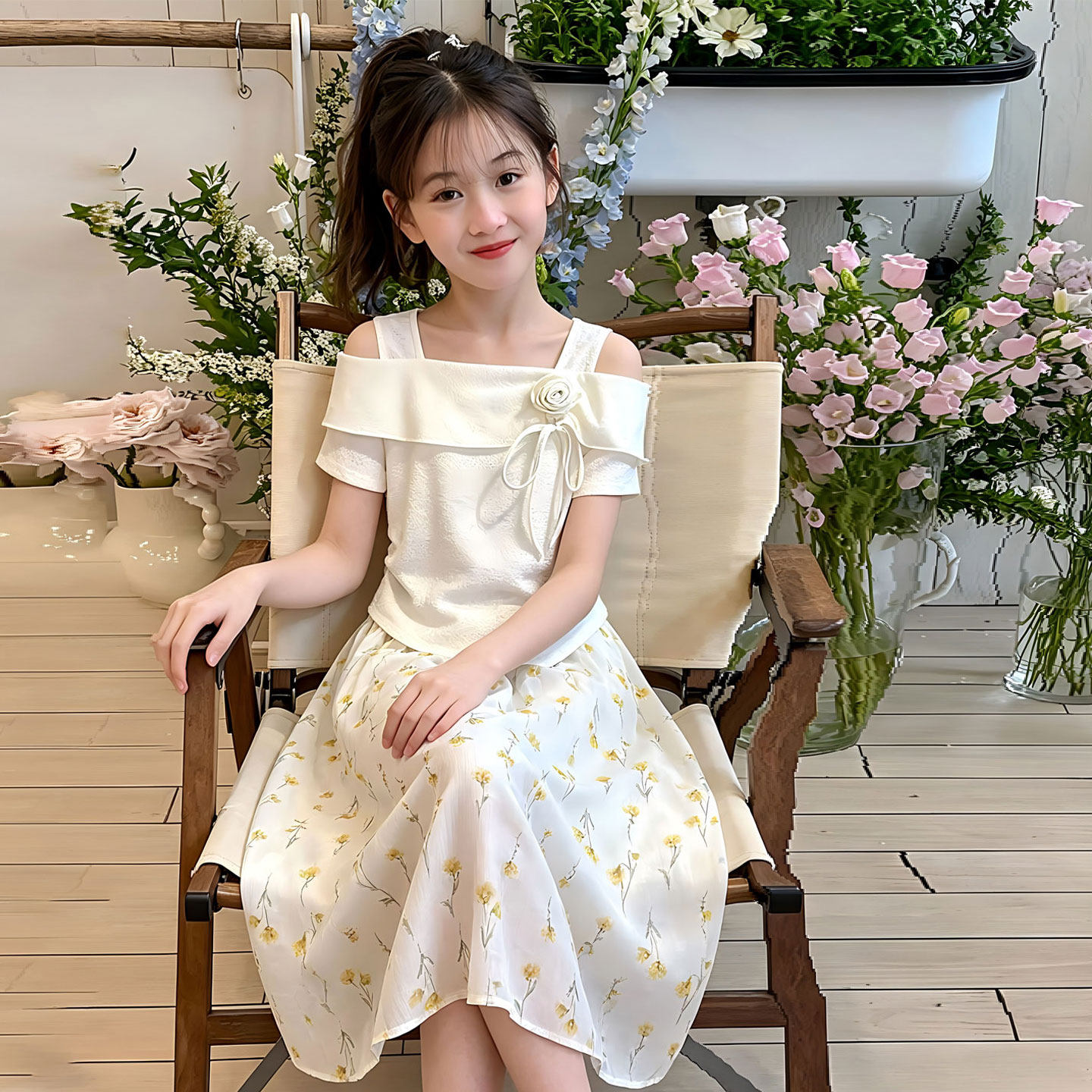 2026夏季女童法式温柔风碎花半身裙女白色长裙甜美碎花两件套裙装