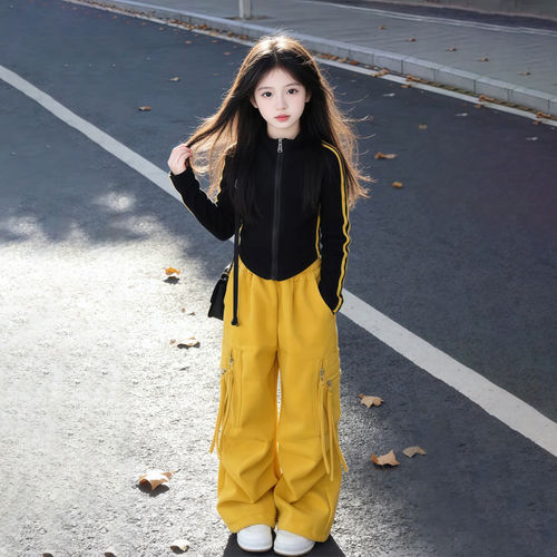 女童工装风拉链卫衣阔腿裤套装