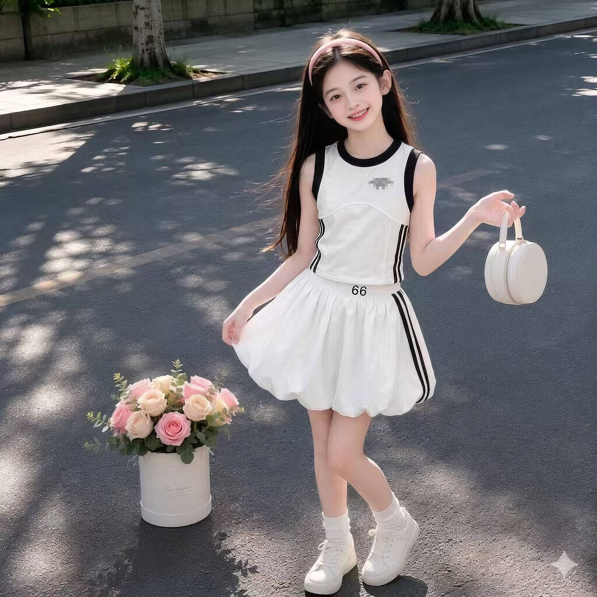 女童夏季韩系蝴蝶结花苞裙两件套图片