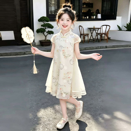 女童夏季新中式立领盘扣旗袍裙