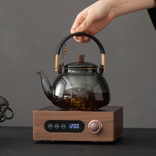 胡桃木电陶炉煮茶器玻璃烧水壶白