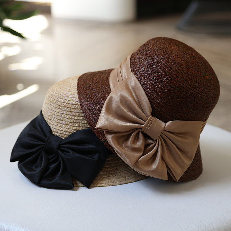 夏天拉菲草蝴蝶结盆帽女士防晒韩版遮阳太阳渔夫帽百搭草编帽子