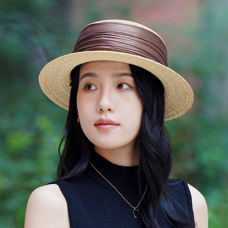 秋印礼帽女春夏金丝带平顶平檐草帽真丝麻褶出游逛街优雅帽子礼帽