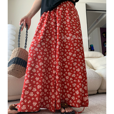 度假风红色碎花沙滩阔腿灯笼裤