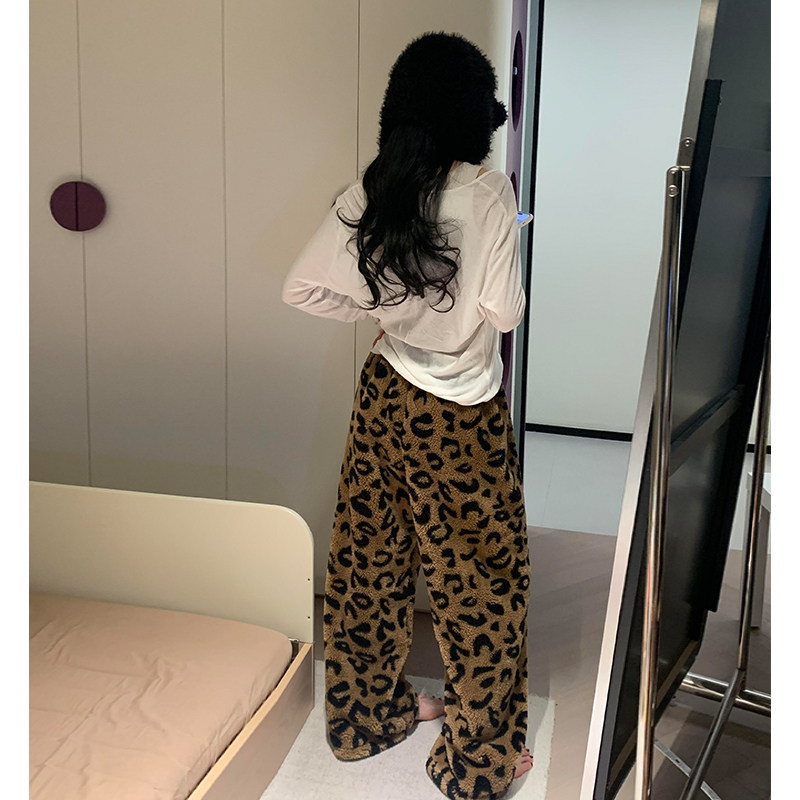 ins网红新款豹纹暖暖裤加厚加绒保暖家居裤宽松睡裤百搭可外穿女