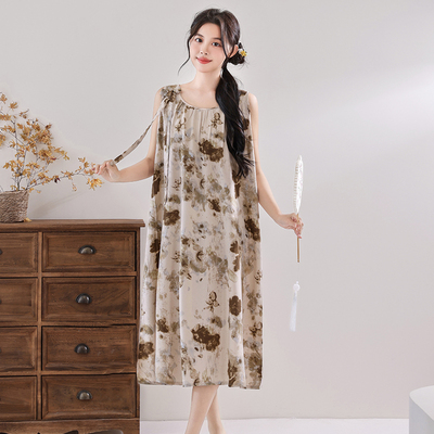 夏季中式蝴蝶结棉绸睡裙