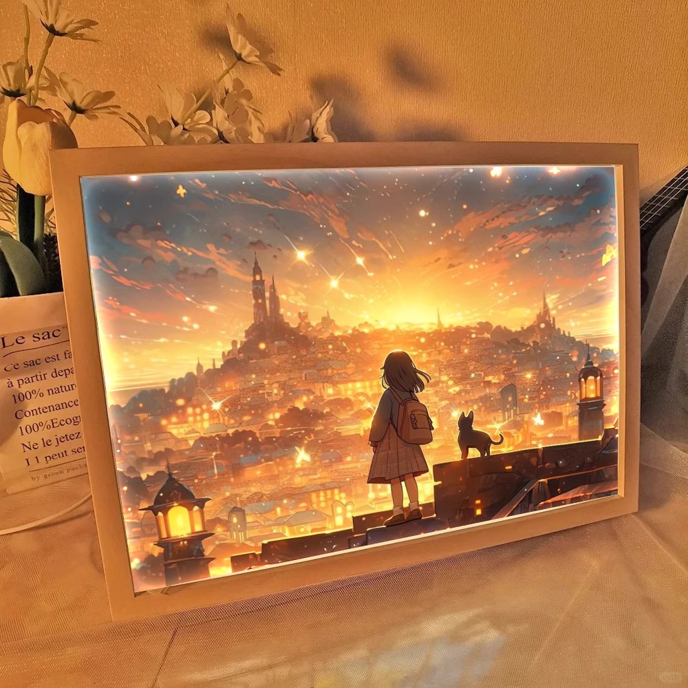 小女孩仰望星空灯光画女生动漫风景卧室小夜灯摆件创意浪漫装饰画图片
