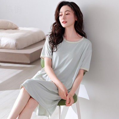 轻奢带胸垫睡裙女夏季短袖莫代尔绵绸吊带中长款冰丝凉感睡衣裙可