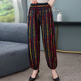 大码 女长裤 棉绸宽松大码 中老年人单条薄款 子防 轻奢夏季 束脚裤 睡裤